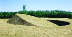 a large pile of grass sitting in the middle of a field next to a forest