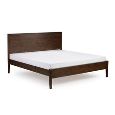 the bed frame is made with wood and white sheets