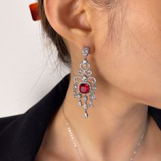 Elegant Red Bridal Earrings, Elegant Red Earrings For Party, Formal Red Chandelier Earrings, Red Chandelier Earrings For Formal Events, Elegant Red Bridal Earrings For Party, Elegant Crystal Chandelier Earrings For Party, Party Crystal Chandelier Earrings With Elegant Design, Elegant Crystal Bridal Earrings For Celebration, Elegant Red Crystal Earrings