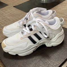 White/Black Tennis Shoes Never Used! Modern White Adidas Sneakers, White Modern Chunky Sneakers With Cushioned Footbed, Sporty Black And White Synthetic Sneakers, Shoes Adidas Women, Black Tennis Shoes, Adidas Shoes Women, Womens Tennis Shoes, Adidas White, Shoes Adidas