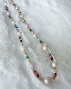 Colorful Freshwater Pearl Beaded Necklace, Beaded Necklace, Pearl Necklace, Pearl Jewelry, Summer Necklace, Beach Jewelry, Summer Jewelry - Etsy Adjustable Multicolor Pearl Necklace For Beach, Summer Pearl Necklaces With Pearl Charm, Multicolor Beaded Pearl Necklace For Beach, Festival Pearl Beaded Necklaces, Multicolor Beaded Pearl Necklace For Summer, Round Pearl Bead Jewelry For Vacation, Summer Beach Pearl Necklace With Tiny Beads, Summer Pearl Drop Necklace, White Pearl Drop Necklace For Summer