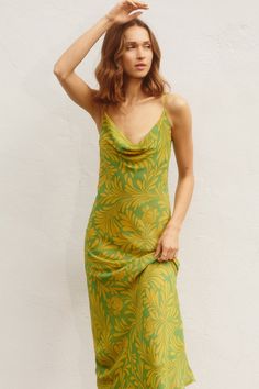 That Moment Cowl Neck Midi Dress - Beciga Chartreuse Dress, Cowl Neck Midi Dress, Casual Wedding Attire, Dress Code Wedding, Green Floral Dress, Guest Outfit, Dressy Casual, Event Dresses, Dress Codes