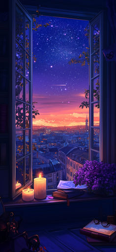 an open window with a view of the city at night and stars in the sky