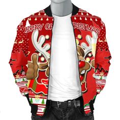 Canada Christmas Men Bomber Jacket Moose Maple Leaf VersionDescriptionAll of our Bomber Jackets are custom-made-to-order and handcrafted to the highest quality standards. Each jacket is constructed with a premium polyester blend and ultra-soft and comfortable polyester inner lining. Features a specialty high definition heat dye application that ensures long lasting color vibrancy even after machine washing. High quality untangle zippers allow for easy putting on and taking off, perfect for any s Christmas Long Sleeve Outerwear, Casual Christmas Holiday Outerwear, Casual Holiday Outerwear, Canada Christmas, Christmas Men, Bomber Jackets, Hoodie Dress, Maple Leaf, Moose