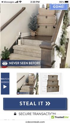 the stairs are stacked with boxes and christmas trees on them, as well as an ad for