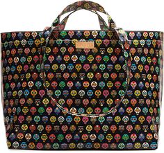 a large black bag with colorful skulls on it