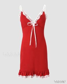 Lasaky - Contrast Lace Ruffle Hem Nightgown V-neck Sleepwear With Ruffles, V-neck Coquette Sleep Dress, Sleeveless Coquette Sleepwear, V-neck Coquette Dress For Loungewear, Coquette Sleeveless Sleepwear, Ruffled V-neck Sleepwear For Loungewear, V-neck Ruffled Sleepwear For Loungewear, White Ruffled Sleepwear For Night, White Ruffled Sleepwear