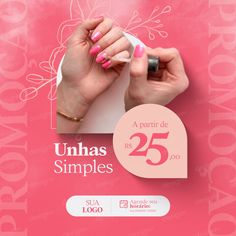 a woman's hand with pink nail polish on her nails and the words unhas simple