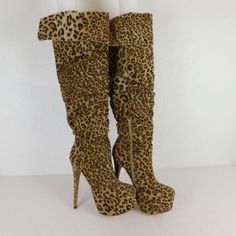 Women Leopard Fabric Over Knee Platform Boots 6.5" Stiletto Heels Ankle Zip Sz 9 | eBay Leopard Print High Heel Boots For Party, Leopard Print Boots With Round Toe For Party, Leopard Print Round Toe Boots For Party, Leopard Fabric, Platform Boots, Knee High Sock, Over The Knee, Over Knee Boot, The Knee