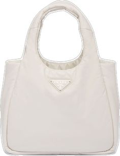 White Shoulder Bag With Logo And Double Handle, White Double Handle Shoulder Bag With Logo, Designer White Bag With Round Handle, Luxury White Shoulder Bag With Rolled Handles, Designer White Bags With Rolled Handles, Designer White Bag With Rolled Handles, Modern White Bags With Logo, Modern White Bag With Round Handle, White Shoulder Bag With Double Rolled Handles