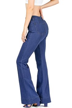 Pin Tuck Bell Bottom Jeans – Pink Ice Fitted Medium Wash Cargo Pants, Non-stretch Flare Jeans For Workwear, Chic High Waist Denim Blue Flares, Chic Flare Denim Blue Pants, Chic High-waist Denim Blue Flares, Stretch Dark Wash Flare Jeans With Pockets, Non-stretch High Rise Spring Flares, Chic Flare Denim Pants, Fitted Denim Blue Flares