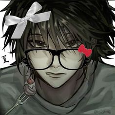 an anime character with glasses and a bow on his head