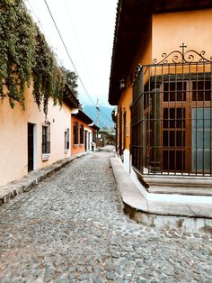 an old cobblestone street lined with buildings and iron bars on the doors, in front of a gate