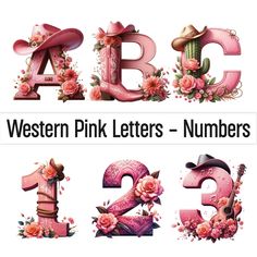 the letters are decorated with pink flowers and cowboy hats for western pink letters - numbers