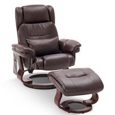 the reclining chair and ottoman is shown in brown leather