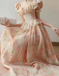 43231260803119|43231260835887|43231260868655|43231260901423 Chiffon Long Dress, French Retro, High Waist Dress, Lace Print, Bubble Sleeve, Dress Picture, Women Long Dresses, Effortless Chic, Print Chiffon