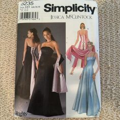 Simplicity Pattern 5235 Size HH (6, 8, 10, 12) Women's Ladies Uncut pattern in envelope with instructions.  Slight yellowing and creasing around envelope edges may be present but pattern is in original condition. Misses' Special Occasion Dress:  Bodice has strapless option and lace back.  Shawl optional. Optimal fabrics: damask, sateen, velvet, brocade, satin, shantung, taffeta.  Zipper closure with hook and eye. 11 pieces Skill level: difficult Please contact me with any questions.  Smoke free, Petite Evening Dresses, Prom Dress Pattern, Lace Back Dresses, Strapless Evening Gowns, Folded Note, Dress With Shawl, Pattern Pieces, Jessica Mcclintock, Simplicity Sewing Patterns