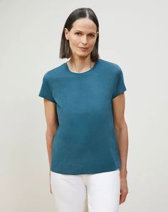 Modern Tee In Cotton Jersey | Lafayette 148 New York Casual Workwear T-shirt With Shirttail Hem, Minimalist Crew Neck T-shirt For Work, Modern Boxy Fit Tops For Workwear, Relaxed Fit Crew Neck Top For Work, Effortless Crew Neck T-shirt For Casual Gatherings, Versatile Relaxed Fit Crew Neck T-shirt, Casual Boxy Fit Workwear Tops, Versatile Everyday Crew Neck T-shirt, Versatile Crew Neck T-shirt For Everyday