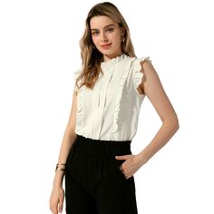 This Allegra K Women's Ruffle Shirt is perfect for spring and summer, suitable for various occasions such as office, work, business, casual, and dates. The sleeveless design with ruffled trim and keyhole button neck adds an elegant and feminine touch. This solid color top can be paired with jeans or straight-leg pants for work, or flared skirts for daily outfits. Made of 100% polyester, it offers a regular fit and is machine washable in cold water with like colors. Available in multiple sizes, t Three Quarter Sleeve Shirt, Flared Skirts, Office Blouse, Seersucker Shirt, Sleeveless Mock Neck, Blouse Sleeveless, Ruffle Shirt, Linen Women, Office Work