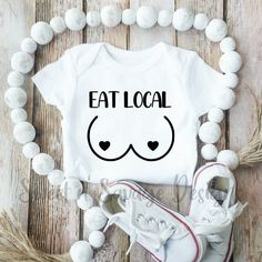 Eat Local Onesie® Funny Baby shower gift Eat Local bodysuit | Etsy White Onesie With Funny Text For Birthday, Funny Fitted Onesie For Gift, Cute Onesie With Funny Text As A Gift, Funny Fitted Onesie As Gift, Cute White Bodysuit With Funny Text, Funny White Onesie For Gender Reveal, Cute Onesie With Funny Text For Gender Reveal, Cute Onesie With Letter Print For Gift, Cute White Bodysuit For Gender Reveal