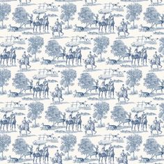 a blue and white wallpaper with horses, trees and people on horseback in the background