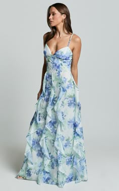 Amalie The Label - Rosalie Strappy Cut Out Ruffle Detail Maxi Dress in Elysian Print Frilly Floral Dress, Floral Ruffle Maxi Dress, Blue Floral Formal Dress, Greece Dresses, Wedding Dress Shopping Outfit, Greece Clothes, Fall Style Outfits, Maxi Prom Dresses, Prom Dresses Floral