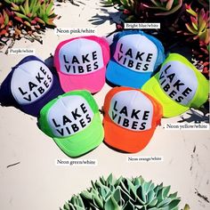 "These best selling LAKE VIBES hats are so cute and customizable for the whole family for you next trip or your favorite summer sun accessory! Keep your face protected from those strong UV rays in style! Message me for the link to add a name to this design! I also offer discounts for groups of 6 or more.  Sizing help... These unique custom MADE TO ORDER hats are truely one of a kind. Not all heads are created equal , which is why we have so many size options. You can customize your hat color, si Lake Hat, Lake Tahoe Trip, Lake Weekend, Lake Hair, Lake Vibes, Lake Hair Styles, Lake Party, Lake Fun, Lake Gifts