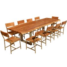 a large wooden table with six chairs and a bench next to it on a white background