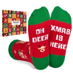 CHRISTMAS SOCKS: These holiday socks for kids feature a variety of reindeer patterns, complemented by a snowfall design on a red backdrop. The bottom is sewn with a hilarious hidden message: "OH DEER, XMAS IS HERE". SIZE & PACKING: Fits for 10-12 years old big kids. Each Christmas gift box contains one pair of funny festive socks. QUALITY MATERIAL: Crafted from 80% cotton, 15% polyamide, and 5% elastane, these socks offer a soft, stretchy, and breathable fit, ensuring comfort for kids throughout Fun Christmas Gift Socks, Novelty Christmas Gift Socks, Fun Red Socks For Gifts, Cute Red Socks For Gifts, Novelty Winter Socks For Gift, Novelty Socks For Winter Gift, Novelty Winter Socks For Gifts, Novelty Winter Socks As Gift, Novelty Multicolor Socks As A Gift