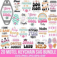 the 20 motel keychain svg bundle is shown in different colors and styles