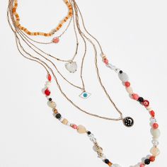 Free People Evil Eye Layered Necklace No Trades Color: Brass/ Coral Free People Necklace, Fruit Necklace, Free People Jewelry, Stone Choker, Layered Necklace Set, Heart Pendant Diamond, Seed Bead Necklace, Glass Bead Necklace, Layered Necklace