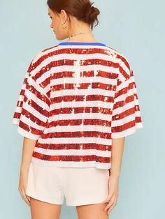 This fully sequin short sleeve top features patriotic red and white stripes and a charming star detail in the center, making it the perfect choice for holiday celebrations like Memorial Day and the 4th of July. The sparkle of sequins will display just the right amount of patriotism and make you stand out in any event. 100% Polyester.