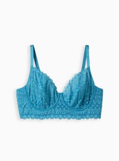 FIT Underwire cups. Unlined. MATERIALS + CARE Lace knit fabric. 90% nylon, 10% spandex. Hand wash cold. Line dry. Imported. DETAILS Adjustable straps. Dot lace details. The best plus size women's Long Lined Underwire Bra - Dot Lace Teal Blue Intimates in enamel blue made of lace. Unlined Bra, Triangle Bralette, Matches Fashion, Black Laces, Lace Knitting, Bra Cups, Underwire Bra, Lace Bralette, Teal Blue