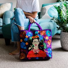 These beautifully Embroidered Tote Bags are not only a great statement piece, but a practical every day bag. Each bag is fully lined with an inside zippered pocket and padded shoulder straps. The bags measure 18" W x 14" H and comes in assorted colors and designs of Frida Khalo. Design is on the front side only. Email us at customerservice@luciasimports.com if you have any color preferences. Each purchase empowers Guatemalan artisans. Rectangular Embroidered Bag For On-the-go, Tote Bag With Embroidered Logo For Shopping, Rectangular Everyday Shoulder Bag With Embroidered Logo, Rectangular Shoulder Bag With Embroidered Logo, Rectangular Shoulder Bag With Embroidered Logo For Everyday, Multicolor Embroidered Tote Bag For Daily Use, Embroidered Rectangular Canvas Travel Bag, Embroidered Rectangular Travel Canvas Bag, Rectangular Embroidered Canvas Travel Bag