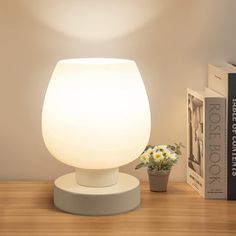 a white lamp sitting on top of a wooden table next to a book and flower pot