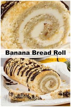 banana bread roll on a white plate with chocolate drizzled in the middle