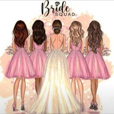 three girls in pink dresses standing next to each other with the words bride squad written on them