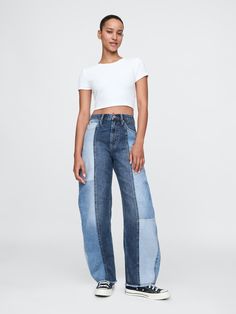 Fit: A full-length barrel jean that's fitted at the waist with a relaxed leg and tapered ankle.  Fabric: 95% Cotton, 5% Recycled Cotton.  Stretch: No Stretch Jeans.  Authentic denim that gets better with every wear.  Made to wear all day & break in over time.  Rise: High Rise Jeans.  Look: A classic five-pocket barrel jean in patchwork denim washes.  Details: Zip fly & five-pocket styling.  Responsibly Made: This pair of jeans is part of our water-saving Washwell program.  Compared with conventional wash methods, Washwell uses at least 20% less water and has saved over a billion liters of water since 2016.  Our High Rise Jean has an 12" 28 cm) rise. ​ Full-length jean.  Hits below the ankle. ​ ​17. 5” 44. 5 cm) leg opening.  Inseam: Petite 27" 68. 5 cm), Short 28" 71 cm), Regular 29. 5" 75 Carpenter Jeans Women, Contrast Stitch Jeans, Utah Girl, Stitch Jeans, Denim Washes, Gap Jeans Women, Barrel Jeans, Wife Style, Activewear For Women