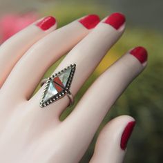 Vintage Zuni Sterling Silver Gemstone Inlay Ring. This Size 7.5 Rare 1960's Native American Zuni Ring Has Beautiful Inlay Coral, And Mother-Of-Pearl In A Diamond Shape Sterling Silver Rope Edge Full Knuckle (1 1/4 " X 5/8") Ring. Looks Fabulous On Any Finger Or Thumb. Weight 4 Grams. Item Number: 07220000 Traditional Sterling Silver Rings With Inlay, Vintage Sterling Silver Rings With Inlay, Red Southwestern Multi-stone Rings, Vintage Multicolor Inlay Jewelry, Southwestern Style Nickel-free Sterling Silver Rings, Womens Jewelry Rings, Mother Of Pearl, Diamond Shapes, Coral