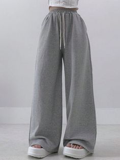 Light Grey  Collar  Knitted Fabric Plain Wide Leg Embellished Slight Stretch All Women Clothing Pants Gris, Casual Tomboy Outfits, Styling Wide Leg Pants, Tomboy Stil, Casual Oufits, Cute Professional Outfits, Adrette Outfits, Loose Pants Outfit, Estilo Tomboy