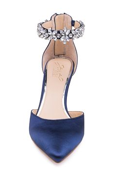 A pointy-toe pump gets a boost of glam for party season with an ankle strap covered in sparkling jewels. 3 1/4" heel (size 8.5) 3" strap height Back zip closure Stretch ankle strap Synthetic or textile upper/synthetic lining and sole Imported Holiday Embellished Ankle Strap Heels, Navy Blue Heels Wedding, Blue Heels Wedding, Navy Blue Heels, Jewel Badgley Mischka, Wedding Heels, Ankle Strap Pumps, Badgley Mischka, Women's Pumps