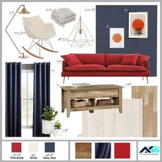 a living room with red couch, blue curtains and other items in the color scheme