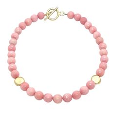 Pink Coral Jade With Matte Gold Flat Bead Necklace Measures 18 " With Toggle Closure Made In The USA Style Number DN934 Flat Bead Necklace, Gold Flats, Coral Necklace, Pink Coral, Pink Beads, Matte Gold, Bead Necklace, Sale Items, Light Pink