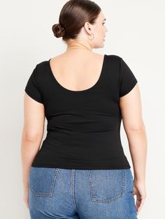 scoop neck scoop back short sleeves fitted hits below waist models are approx.  5'9" and wear sizes s (4), l (12), and xl (18)machine wash according to the care instruction label