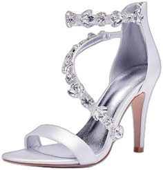 Satin Heels With Rhinestones For Prom, Satin Heels With Rhinestones For Wedding, Silver Embellished Heels For Banquet, Silver Ankle Strap Heels For Banquet, Fitted Open Toe Wedding Shoes With Rhinestones, Silver Open Toe Wedding Shoes For Banquet, Glamorous Satin Wedding Heels, Rhinestone Wedding Shoes For Banquets, Crystal High Heels For Wedding