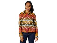 Pendleton Cardwell Wool Jacket - Women's Clothing : Journey West : Sport a casual look wearing the vintage-inspired Pendleton Cardwell Wool Jacket. Relaxed fit. Classic spread collar and long sleeves. Center-front button placket. Allover eye-catching multicolored abstract print. Two patch pockets on the front for added practicality. 100% wool. Dry-clean. Imported. Measurements: Length: 22 1 2 in Sleeve Length: 31 in Product measurements were taken using size SM (US 4-6). Please note that measure Western Style Long Sleeve Workwear Outerwear, Western Style Winter Outerwear With Snap Buttons, Western Style Fall Outerwear With Snap Buttons, Western Style Long Sleeve Outerwear For Work, Western Style Workwear Outerwear, Western Style Outerwear With Snap Buttons For Fall, Western Style Outerwear With Button Closure For Work, Western Style Outerwear For Work, Western Style Long Sleeve Outerwear With Pockets