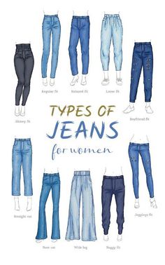 the types of jeans for women are shown in different colors and sizes, including blue