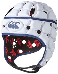 a white helmet with red and blue designs on it