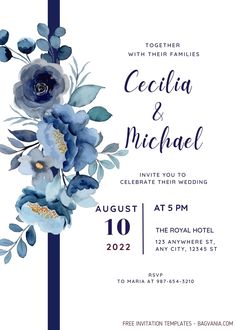 an elegant wedding card with blue flowers and greenery on the front, in navy