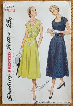 1950s Simplicity printed pattern #3237 Womens One Piece Dress in Half Sizes: A sleeveless fitted bodice joins the flared skirt at the natural waistline and a self or purchased belt encircles the waist.  Style 1 features a V-shaped neckline and eyelet insertion is used as trimming.  Style 2 is eyelet fabric and features a wide square neckline at front. size 14.5 bust 33 waist 27 hip 36 Factory folds with instructions. Envelope good: tab intact, gently tanned, light edge wear, small torn corners. 1950s Sewing Patterns, Dress And Jacket Set, Eyelet Fabric, Shirtwaist Dress, Cocktail Gowns, Dress Fitted, Womens Sewing Patterns, Simplicity Sewing Patterns, Dress Sewing Pattern